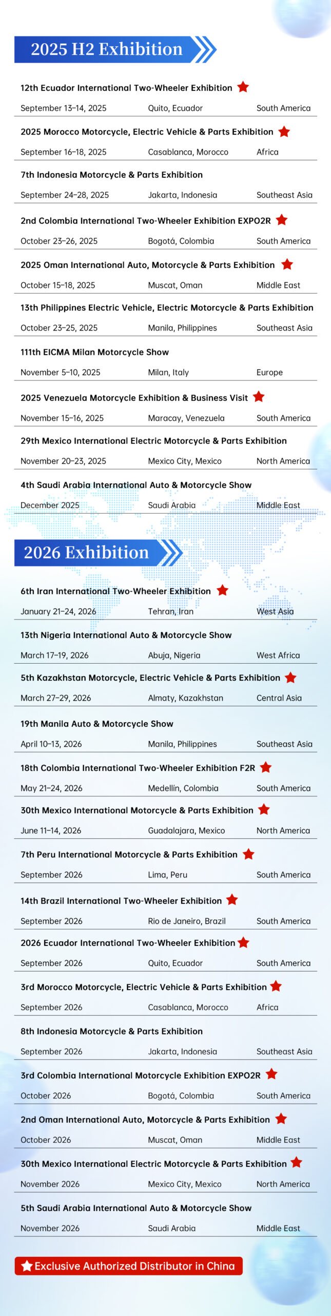 2025–2026 International Motorcycle Exhibition schedule with global event dates and locations
