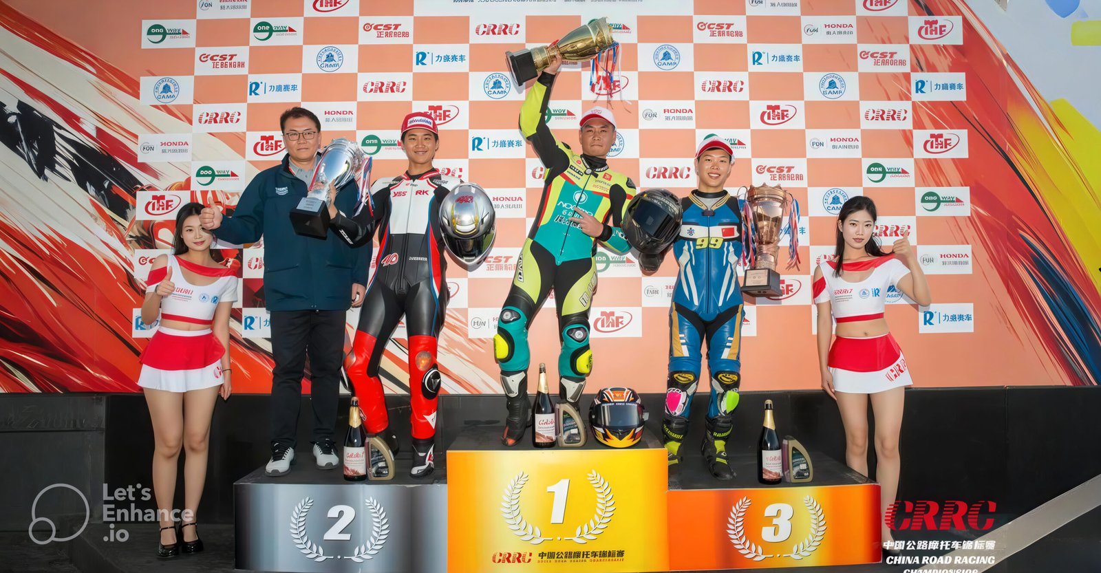Nooma team wins 2024 CRRC China Road Racing Championship annual motorcycle champion, riders celebrating on podium with trophies.