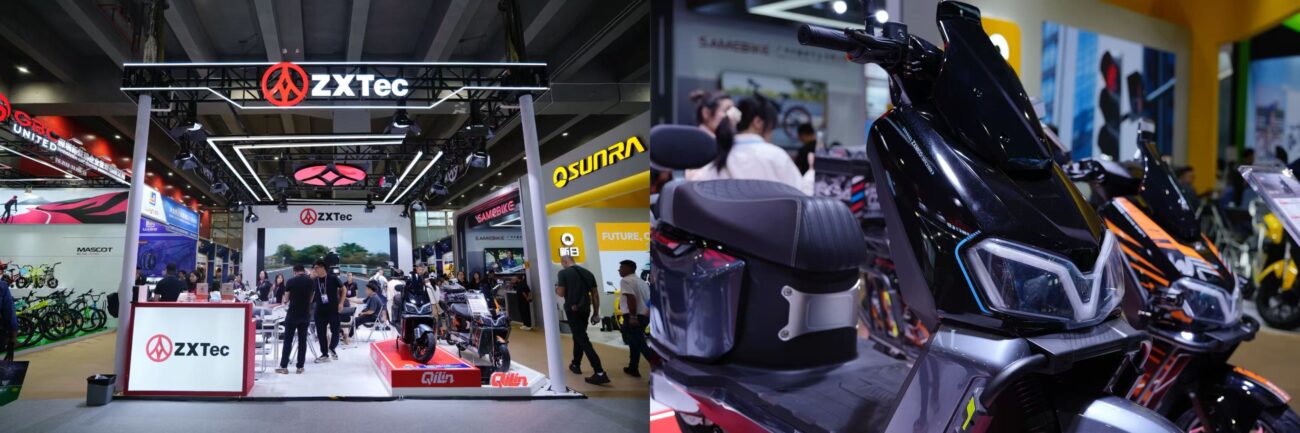 ZXTec booth showcasing flagship e-moped beside booth activity