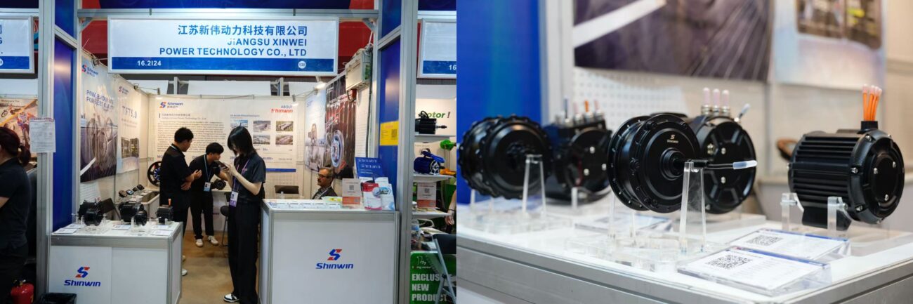 SHINWIN Power booth displaying drive and battery solutions with demo vehicle