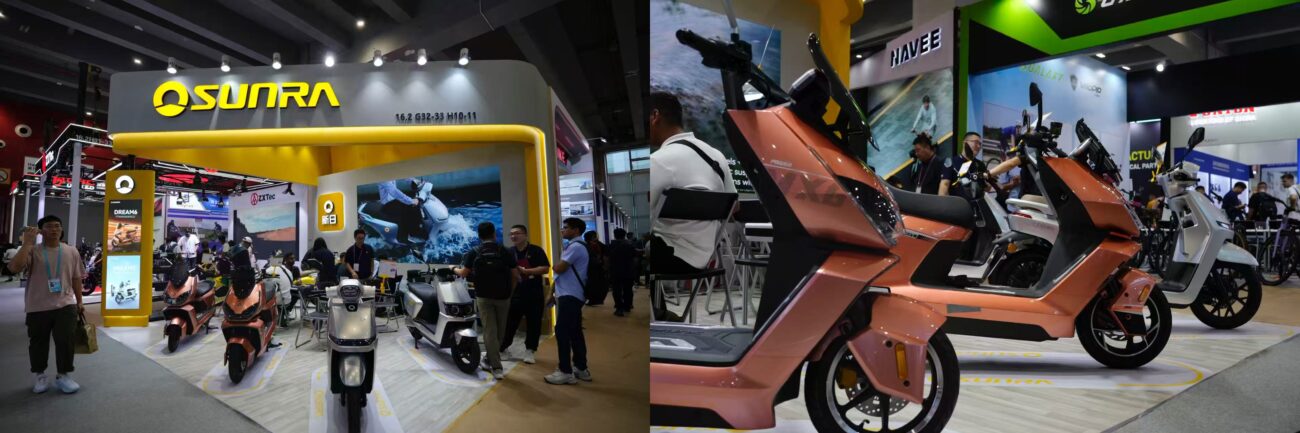 SUNRA booth with region-zoned commuter scooters and a hero model