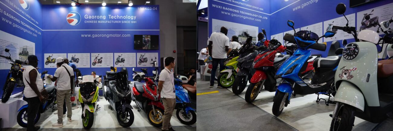 Gaorong Technology booth showing tech parts alongside a demo scooter