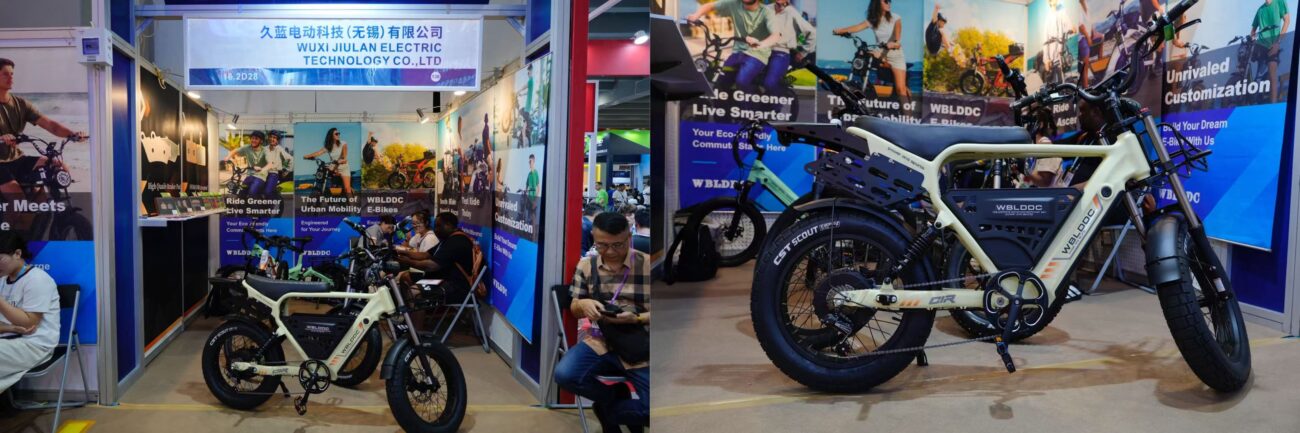 Jiulan EV booth presenting compact urban scooters with a hero unit