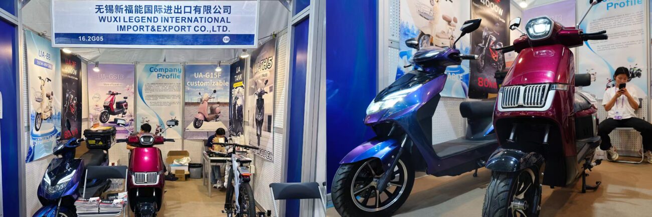 Legend EV booth emphasizing delivery-oriented scooter with accessories
