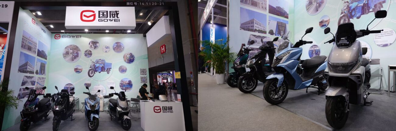 Guowei Motorcycle booth presenting road-ready bikes with a hero model