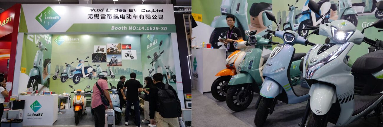 LadeaEV booth with retro-styled commuter scooter highlighted