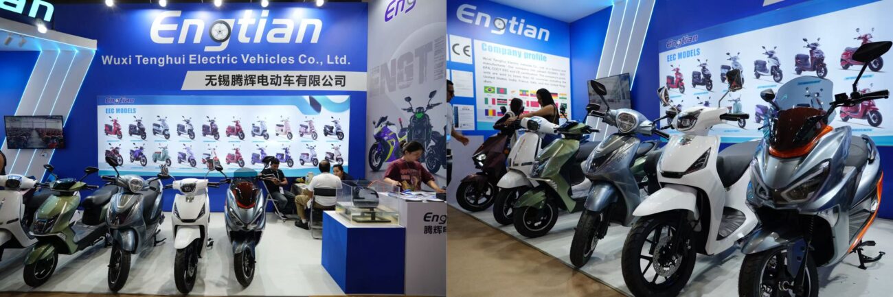 Tenghui (Engtian) booth with EEC model wall and featured scooter