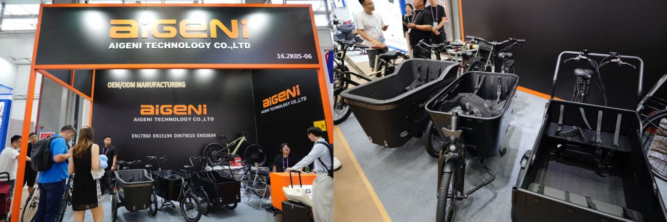 Aigeni Tech booth presenting EV technologies beside a sample scooter