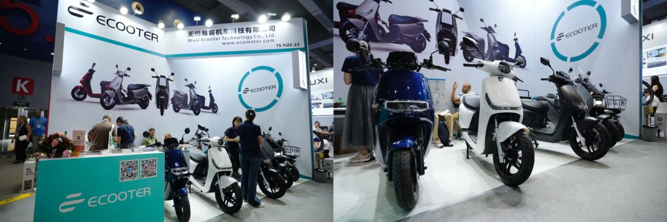 Ecooter booth highlighting moto technology with demo unit