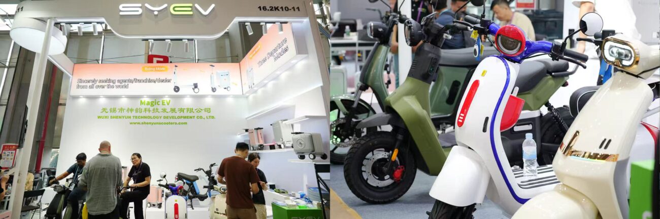 SY EV booth displaying design-led scooters with a spotlight model