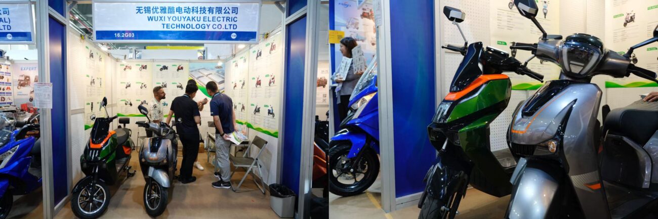 Youyaku EV booth with everyday commuter scooters and a showcase unit