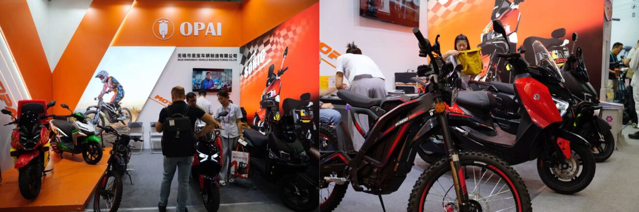 OPAI booth with retail-ready EV scooters and a front-row model