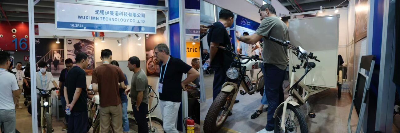 IMN booth showing retro and modern e-bikes with a highlighted model