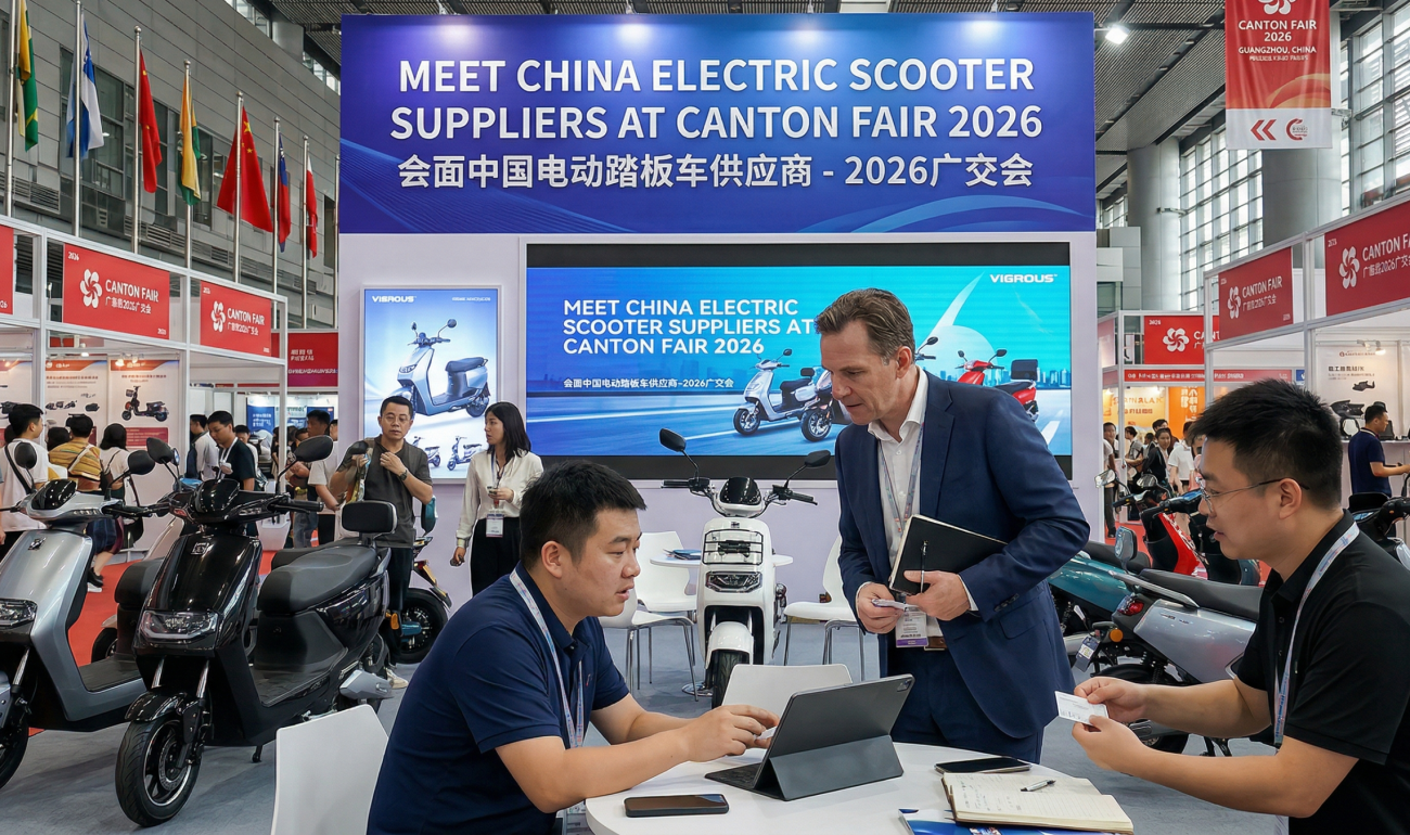 International exhibitors negotiating and reaching cooperation with Chinese Electric Scooter Suppliers at Canton Fair.