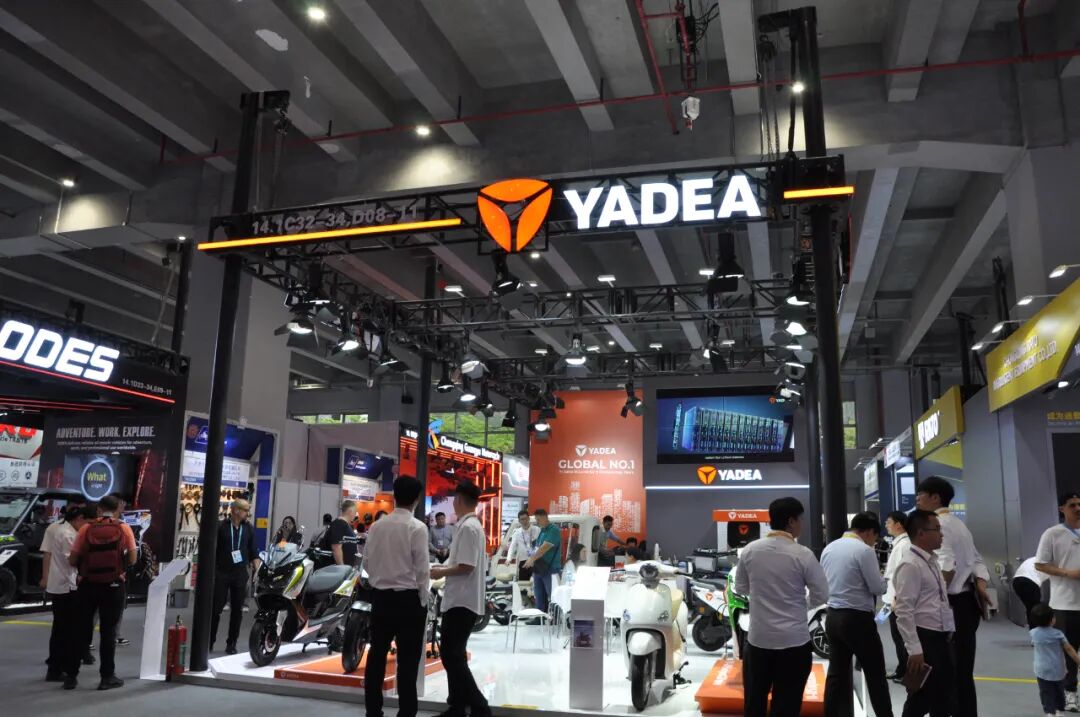 Yadea booth at the 139th Canton Fair showcasing electric motorcycles and scooters