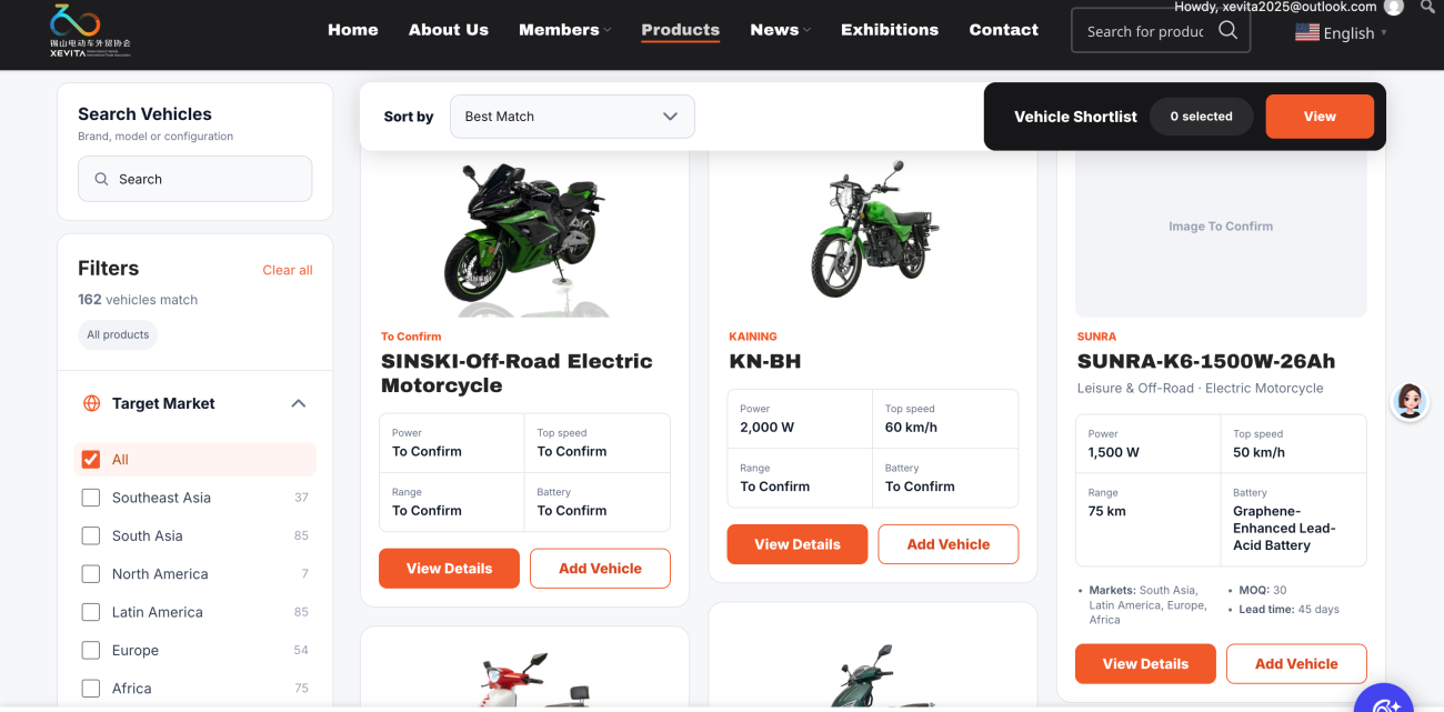 Xishan electric vehicle product catalog page for overseas customers.